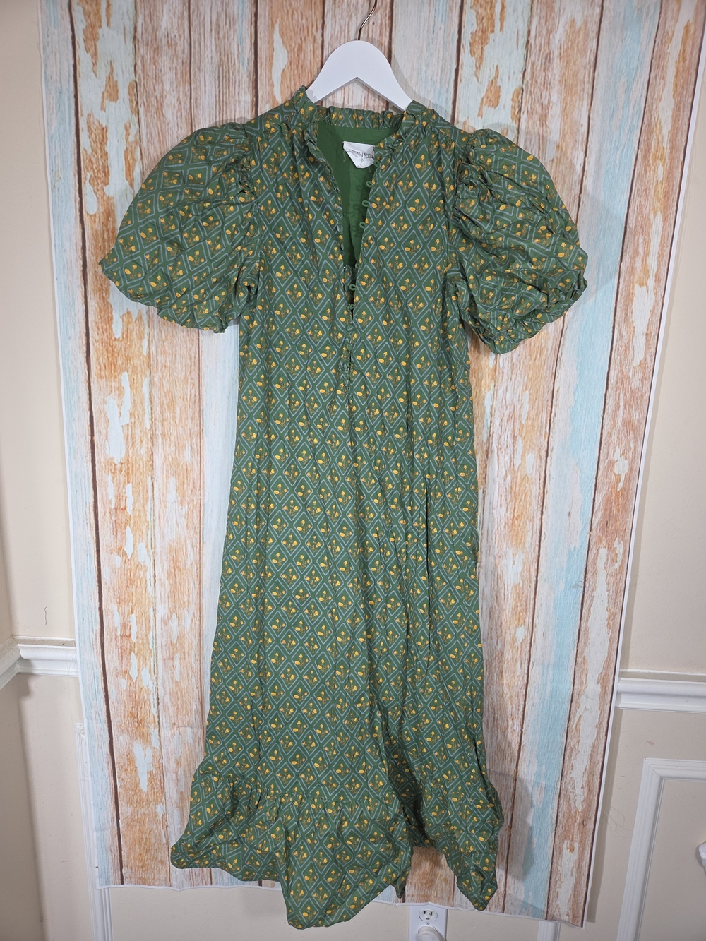 Hyacinth House Green Diamond Floral Mimi Midi Dress. Tuckernuck Boho. Size XS